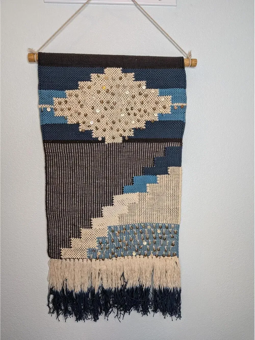 Boho Woven Wall Hanging Tapestry Blue Cream Fringe Geometric Decor